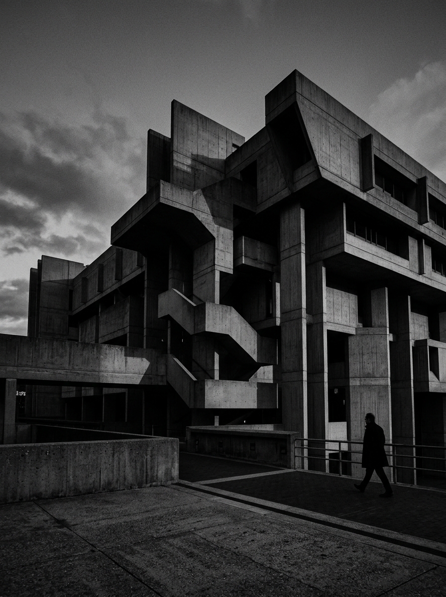 Geometric shadows of a brutalist concrete structure at twilight
