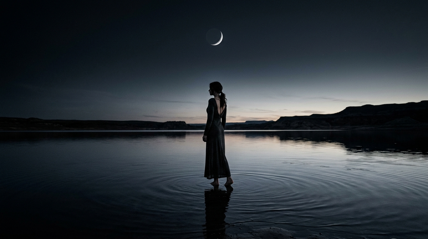 Solitary figure standing in twilight water under crescent moon