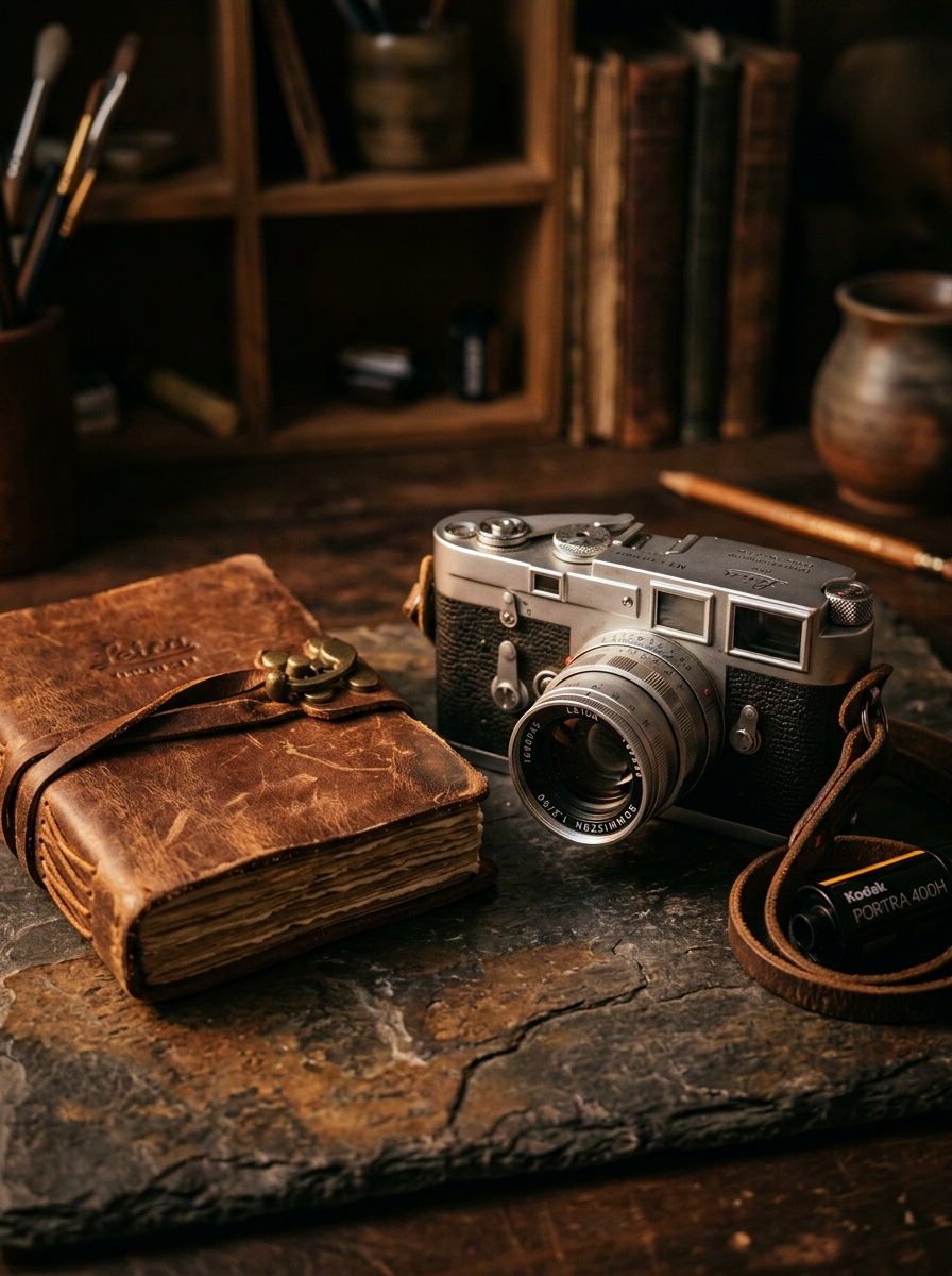 Vintage Leica film camera and leather-bound journals